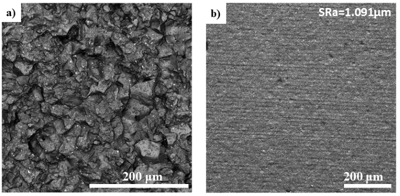 Fig. 12. a) Original tooth surface of the gear (1126×), and b) topography of the tooth surface after laser treatment (454×)