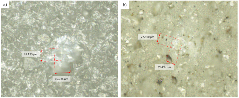 Fig. 13. a) Microhardness of original tooth surface, and b) microhardness of tooth surface after laser polishing
