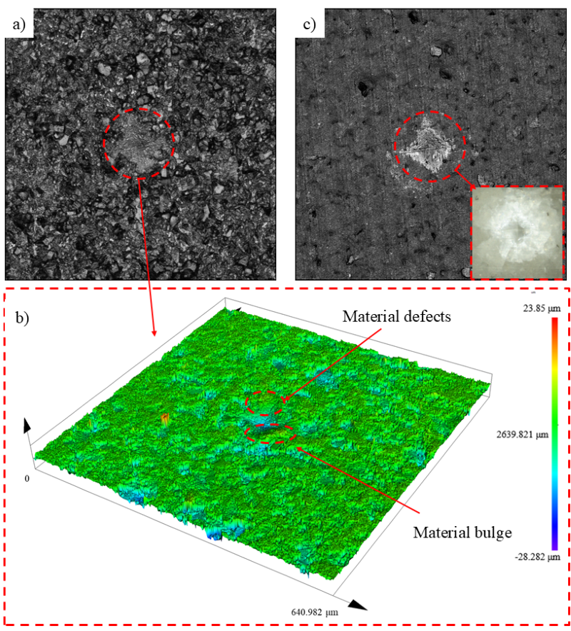 Fig. 14. Indentation morphology under 98 N load a) original surface indentation morphology, b) 3D morphology of original tooth indentation, and c) indentation morphology after laser polishing